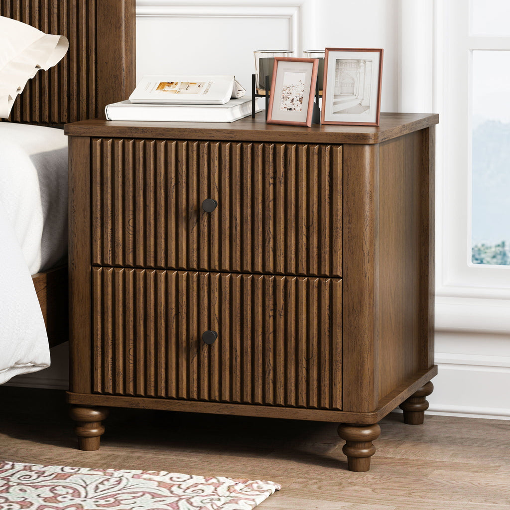 Fluted Nightstand with 3 Drawers - Set of 2 - Dark Brown or Beige