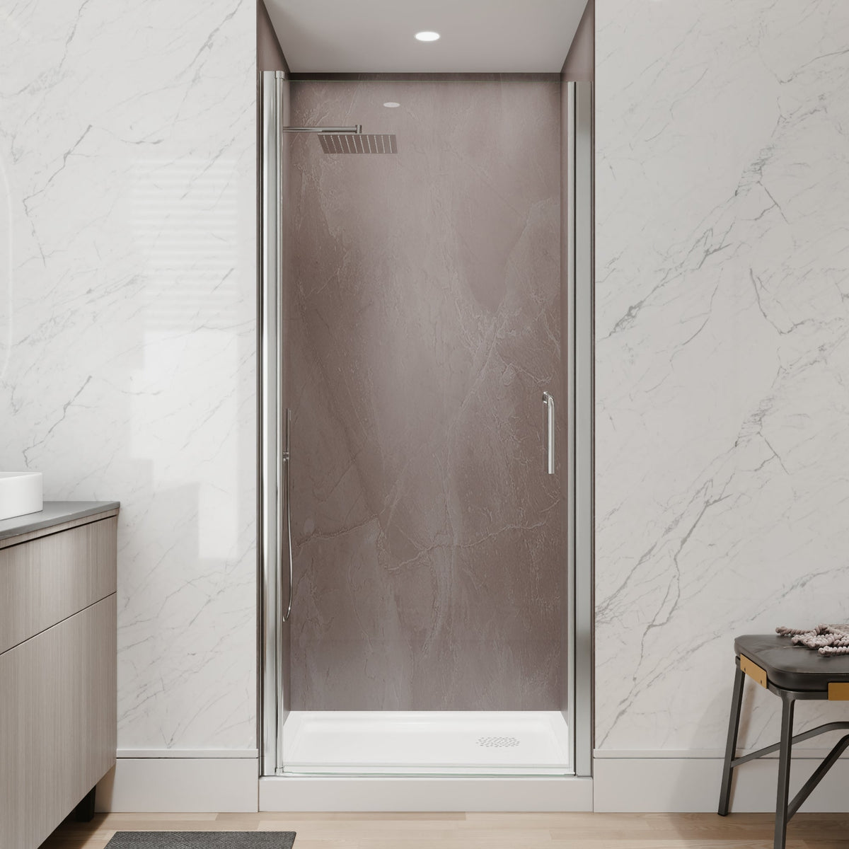 34 to 36 Inch Semi-Frameless Pivot Shower Door with Adjustable Reversible Design - Silver