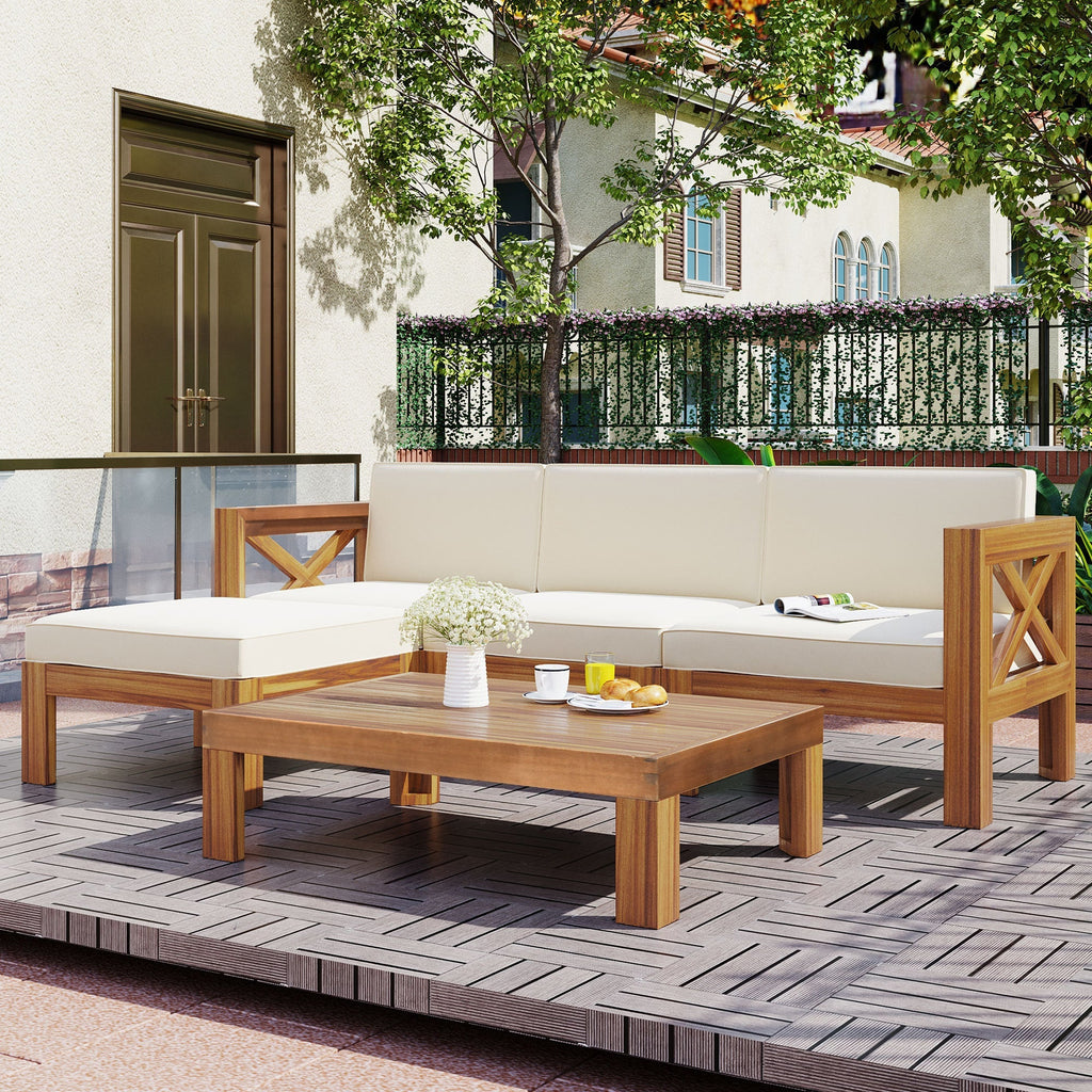 Acacia Wood Outdoor Sectional Sofa Set with Water-Resistant Cushions - Beige