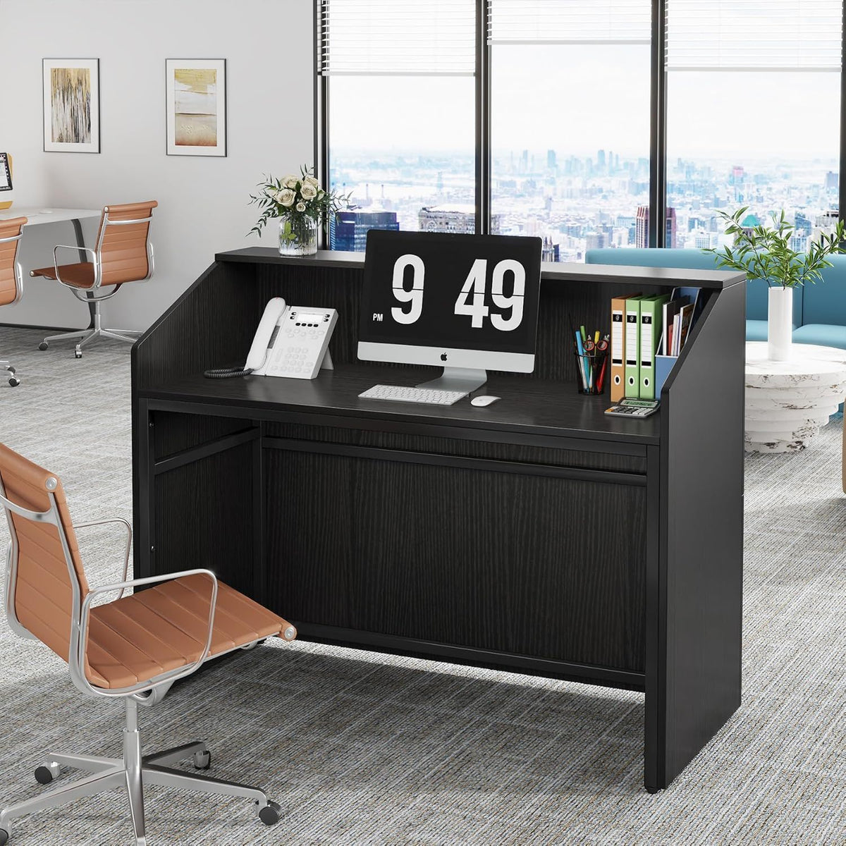 Modern Reception Desk with Cable Grommet & Privacy Panels - Black or White
