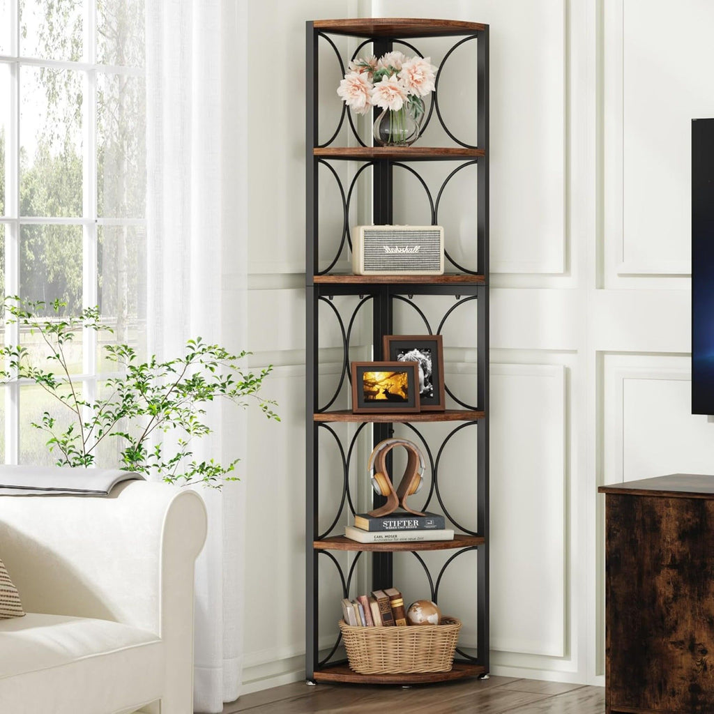 Tall 6 Tier Corner Bookshelf with Durable MDF & Metal Frame - Rustic Brown
