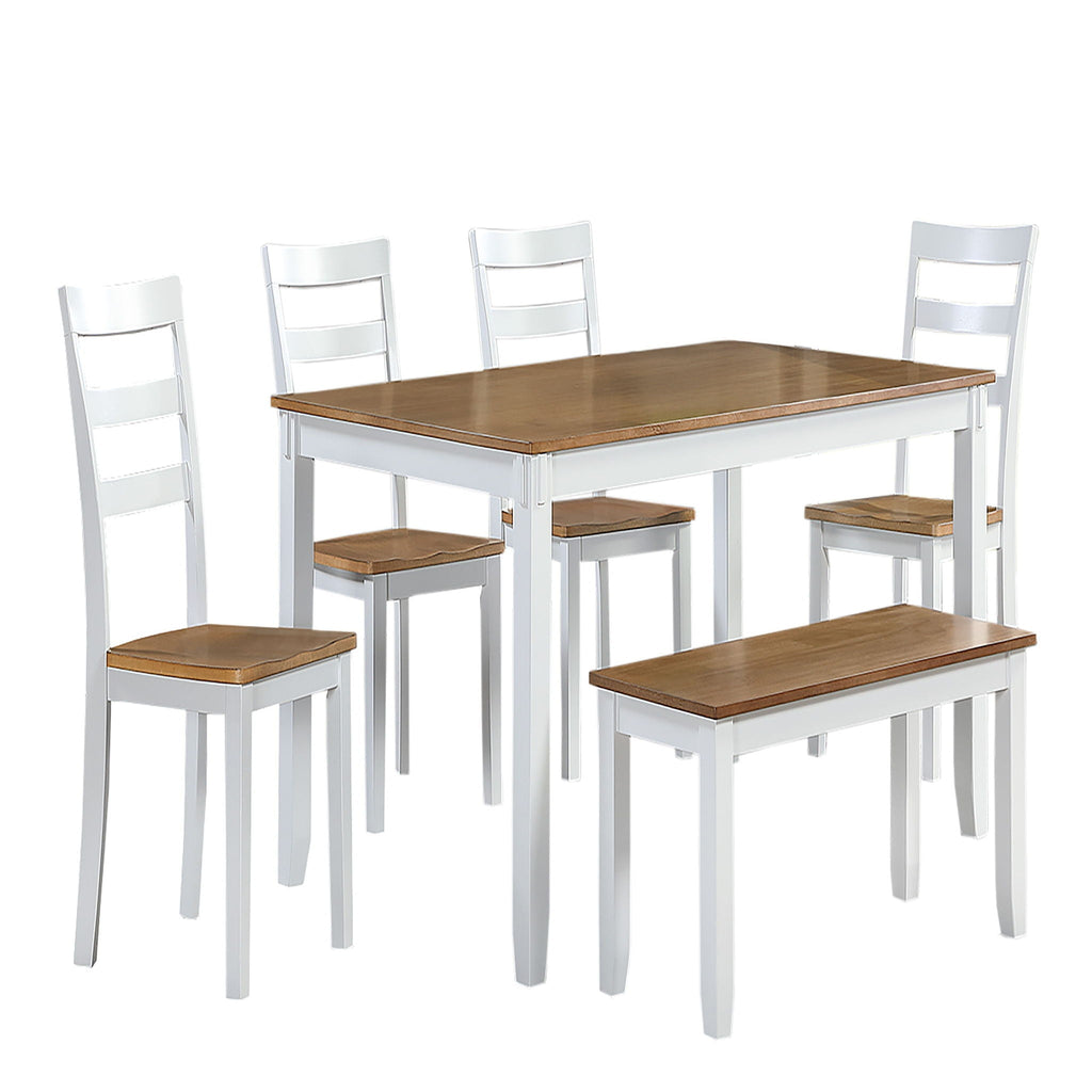 6 Piece Dining Set Table with 4 Side Chairs and Bench - Light Brown / White