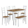 6 Piece Dining Set Table with 4 Side Chairs and Bench - Light Brown / White
