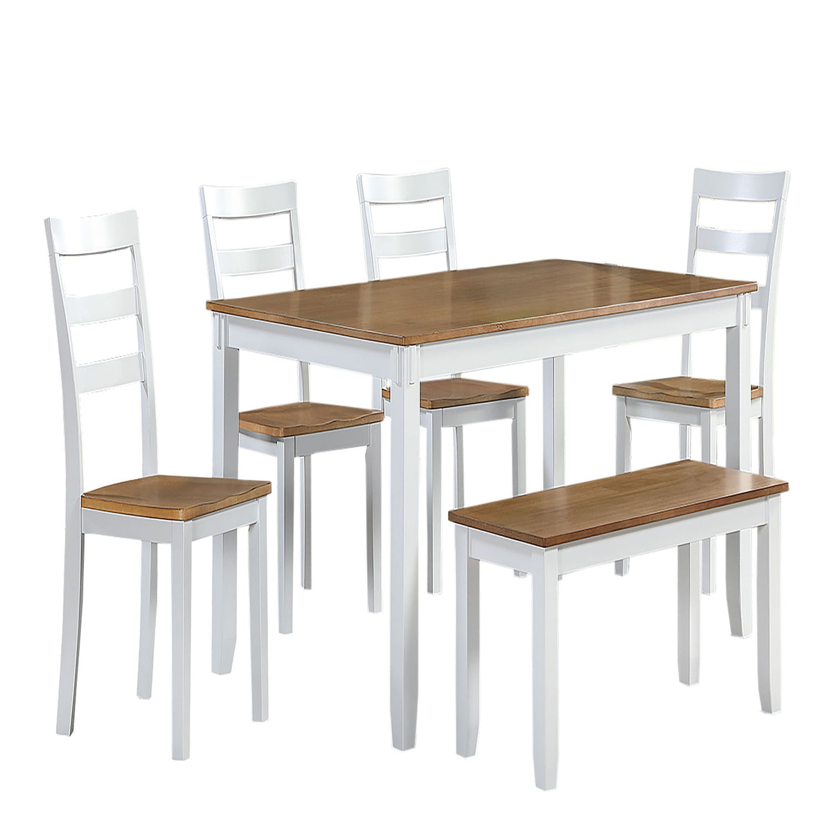 6 Piece Dining Set Table with 4 Side Chairs and Bench - Light Brown / White