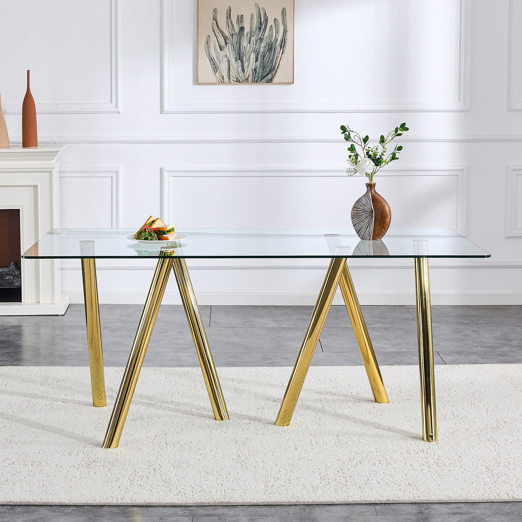 Dining Table with Transparent Tempered Glass Surface – Pearl Silver or Gold