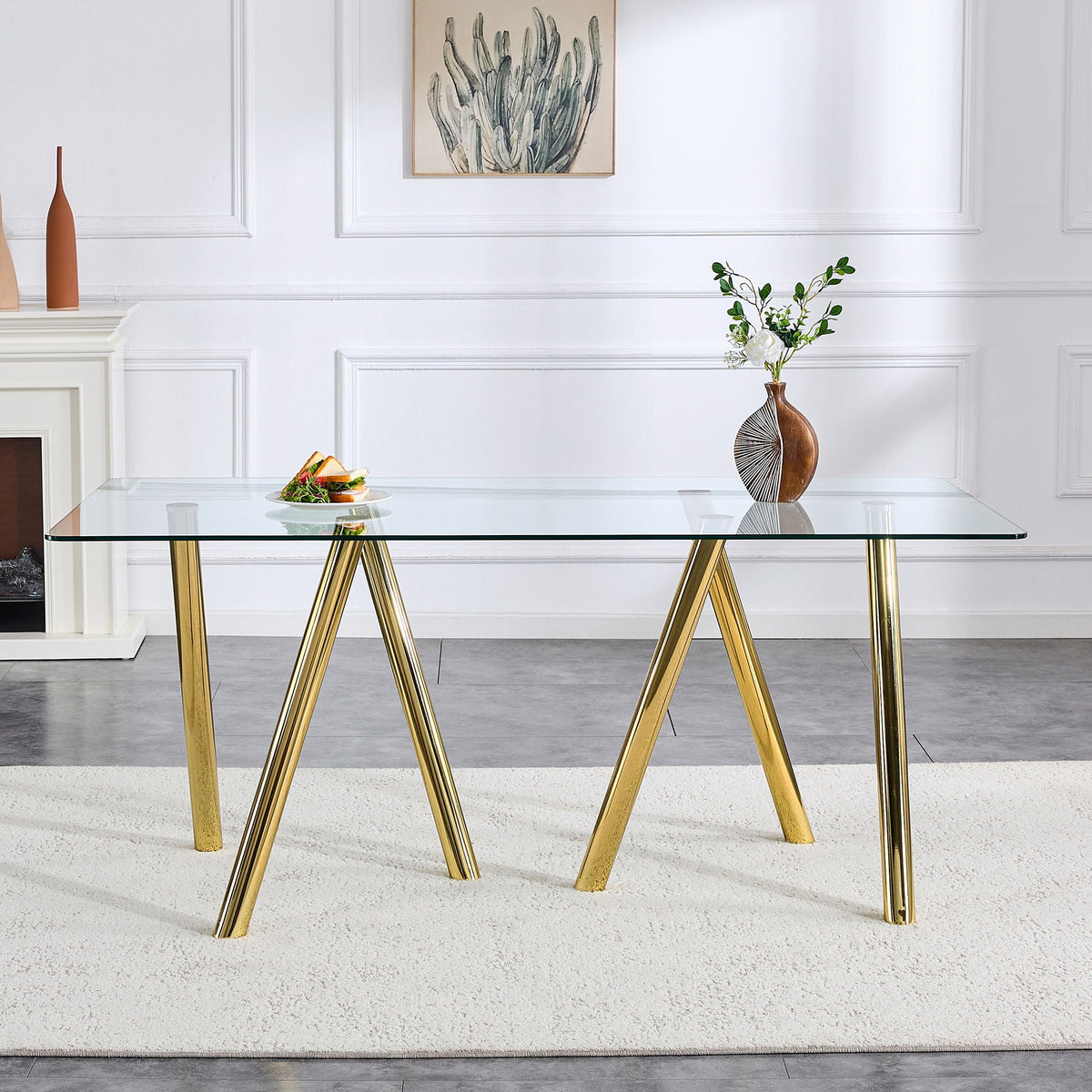 Dining Table with Transparent Tempered Glass Surface – Pearl Silver or Gold