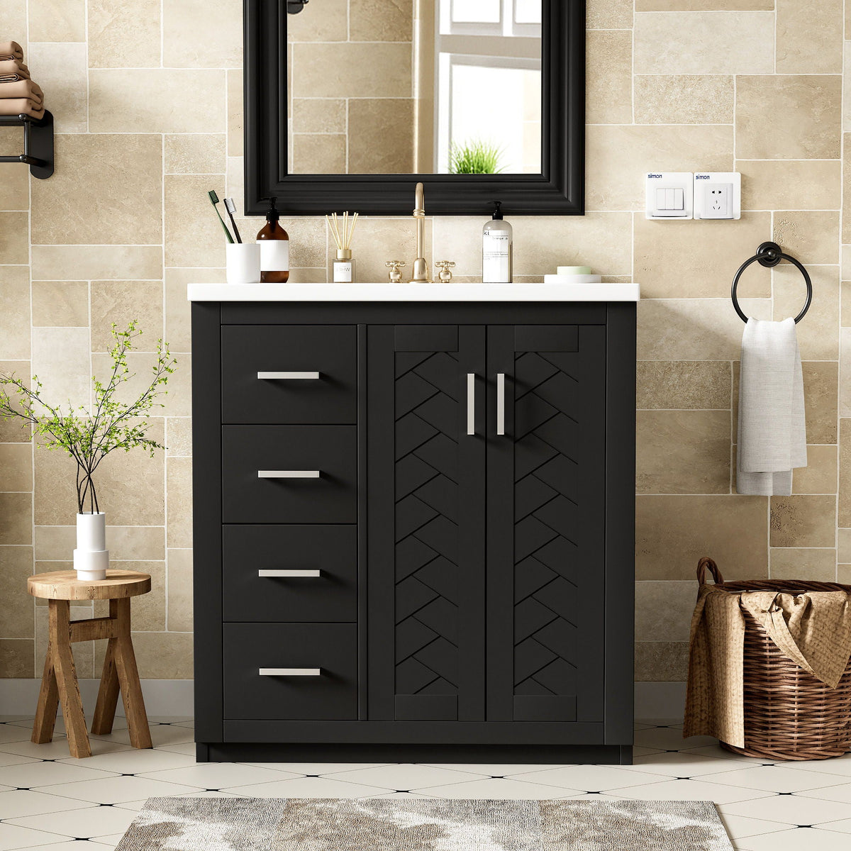 Ceramic Sink Vanity Combo with 3 Drawers and Soft Closing Doors - 30"