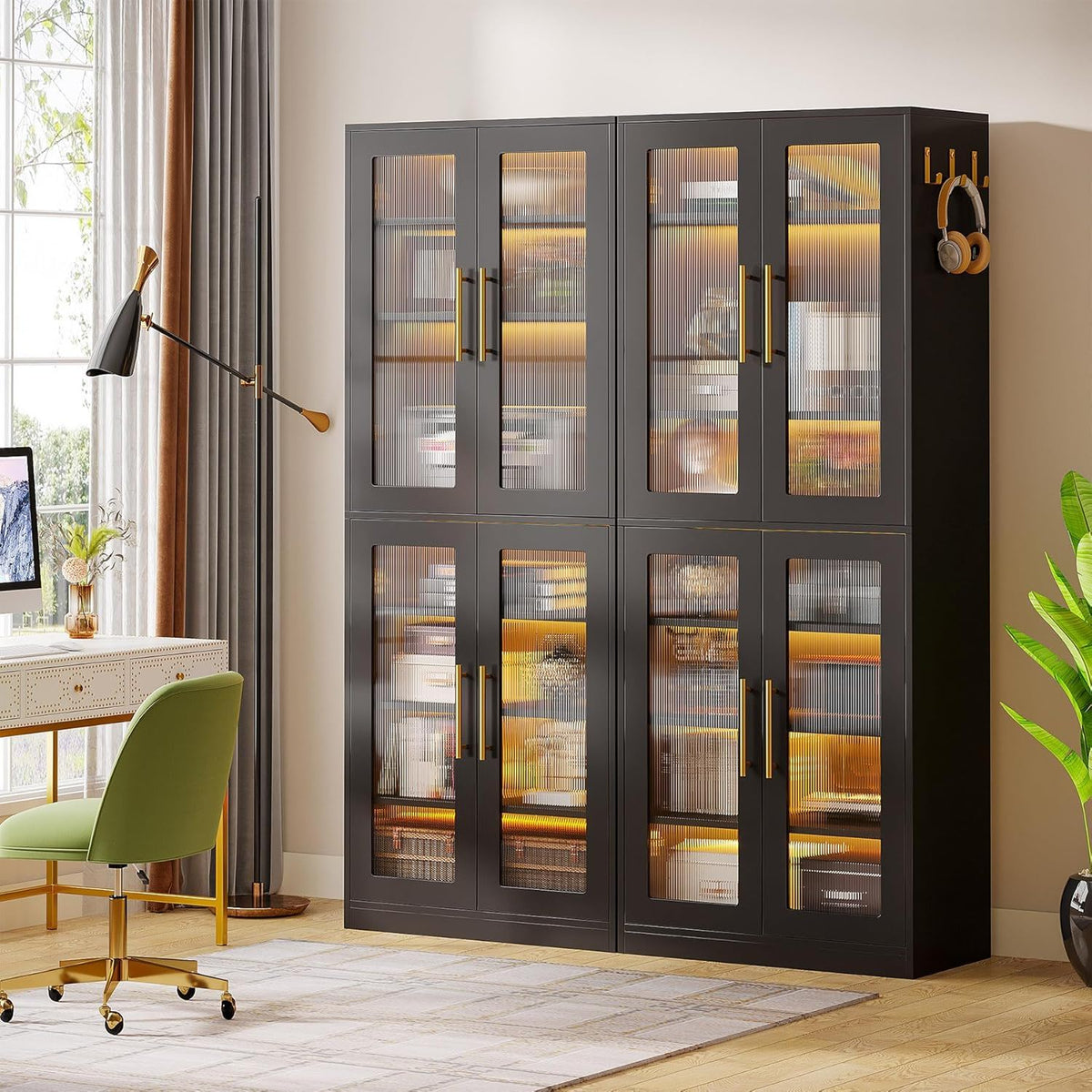 Bookcase With Doors and LED Lighting with Adjustable Shelves - Black, Gray, White