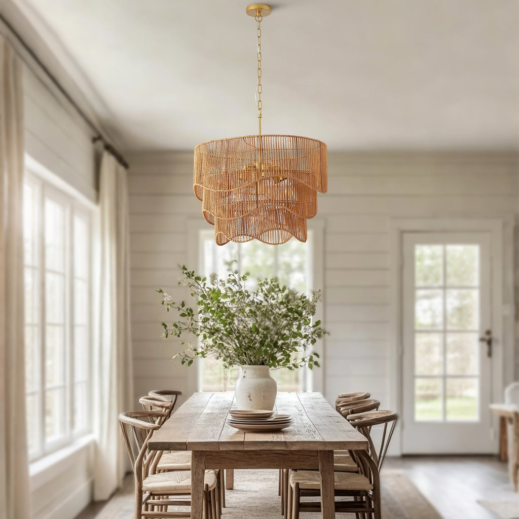 Handwoven Paper Rattan Boho Chandelier with 7-Light E26 Base - Natural