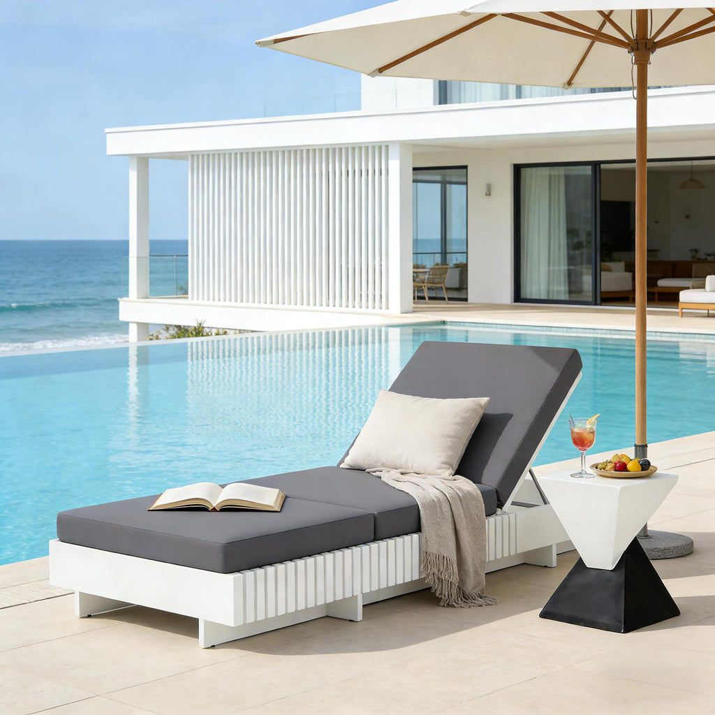 White Acacia Solid Wood Outdoor Chaise Lounge with Cushions - White
