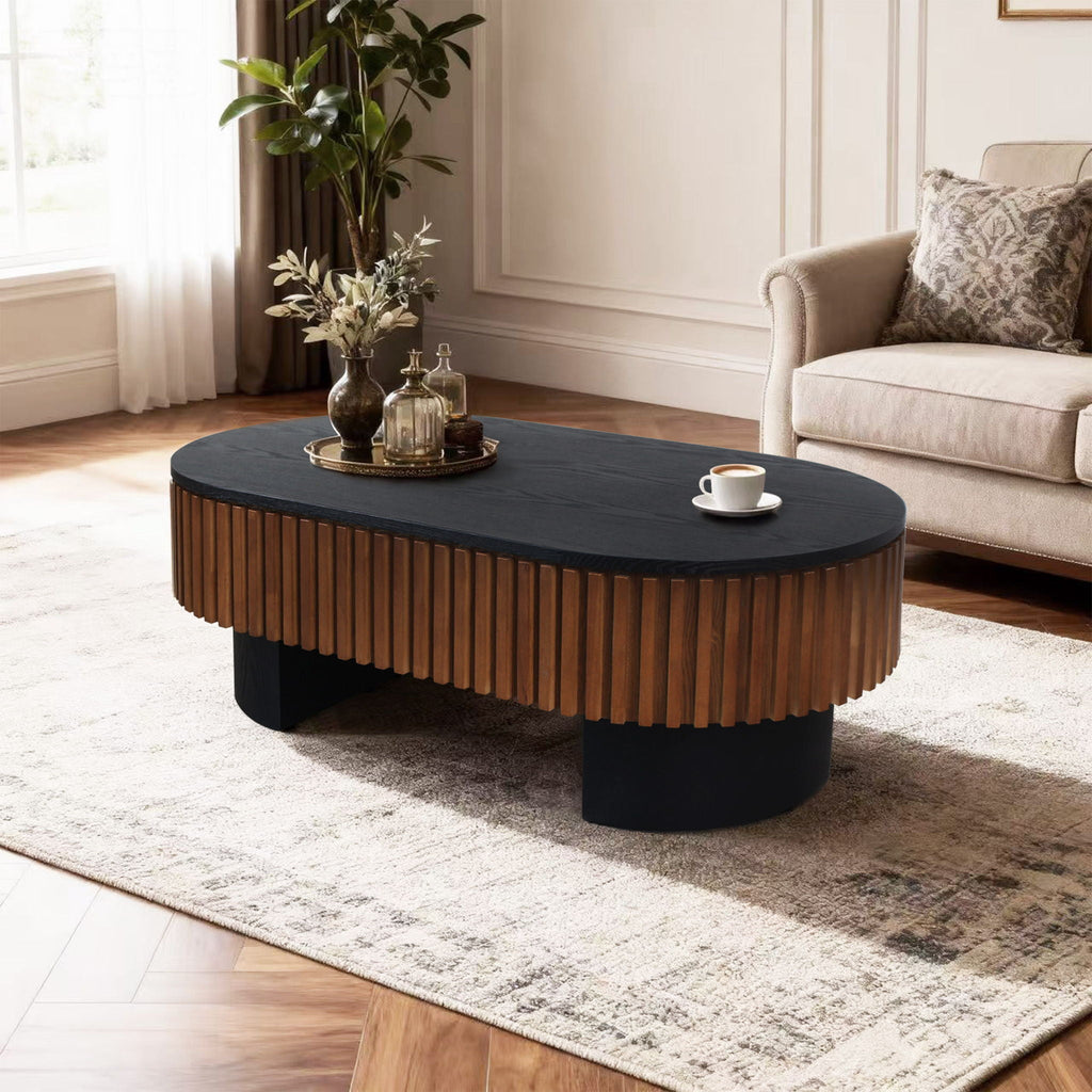 Elliptical Living Room Coffee Table with Hidden Storage and Removable Tabletop - Black or Light Brown