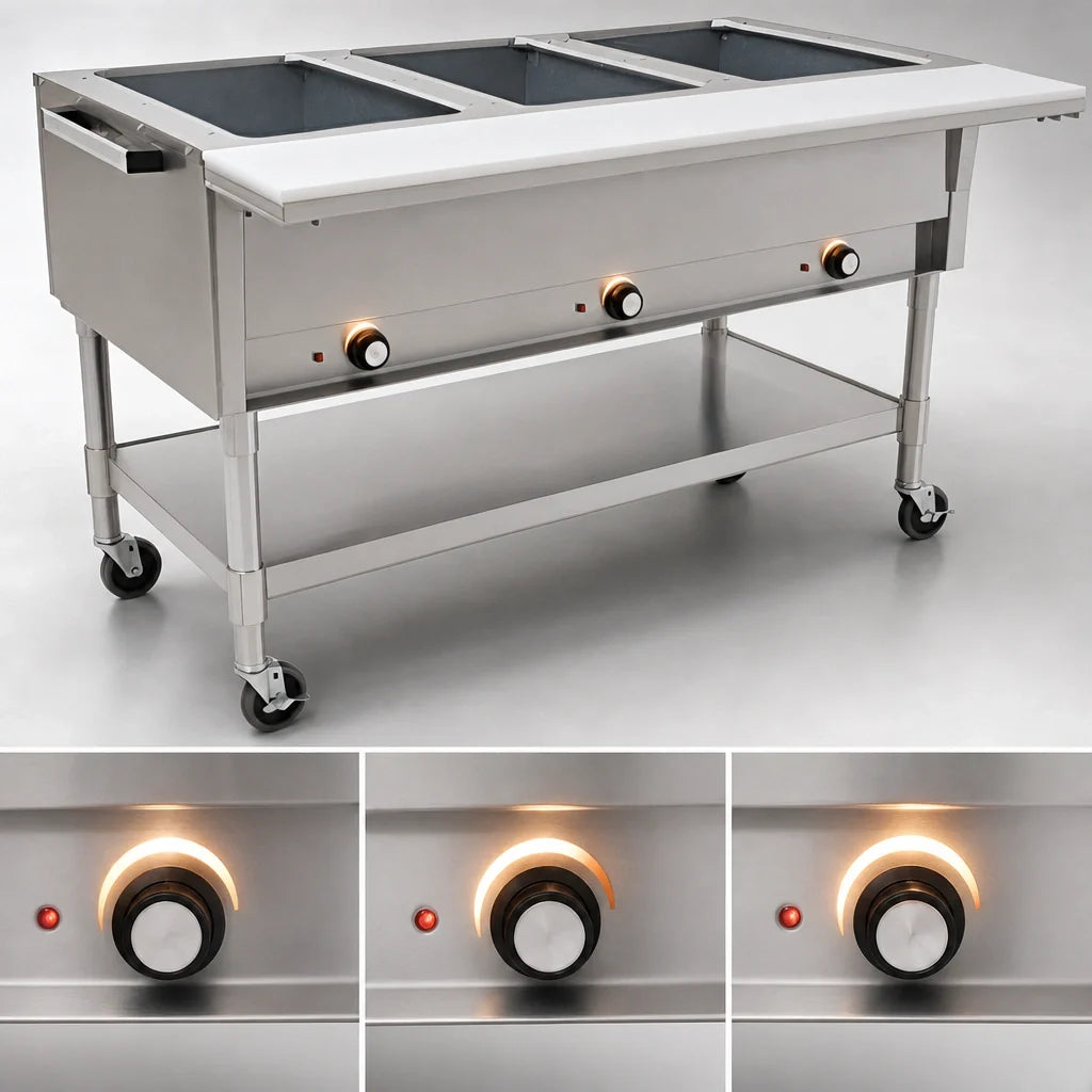 Eagle Group SPDHT3-240 Portable Electric Hot Food Table, 3 Dry Wells, Open Base, Cutting Board, Mobile, 240V
