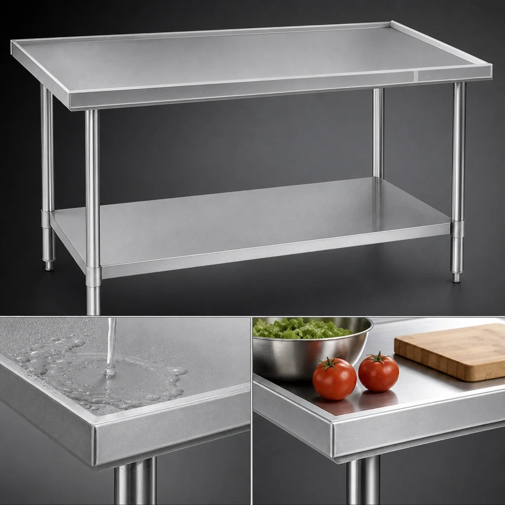 Eagle Group Spec-Master T4884EM Stainless Steel Marine Work Table, 84 x 48 in., 14/300 Series Top, Box Marine Edge, Adjustable Galvanized Undershelf