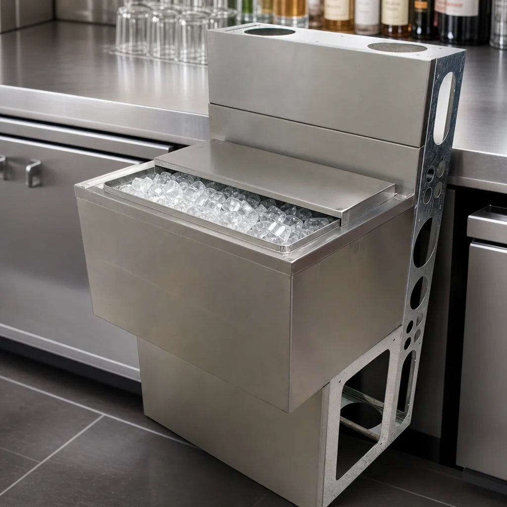 BK Resources UBDW-18-IBCP24-8 Underbar Ice Bin with 8-Circuit Cold Plate, 66 lb Capacity, Stainless Steel, 4-Inch Backsplash
