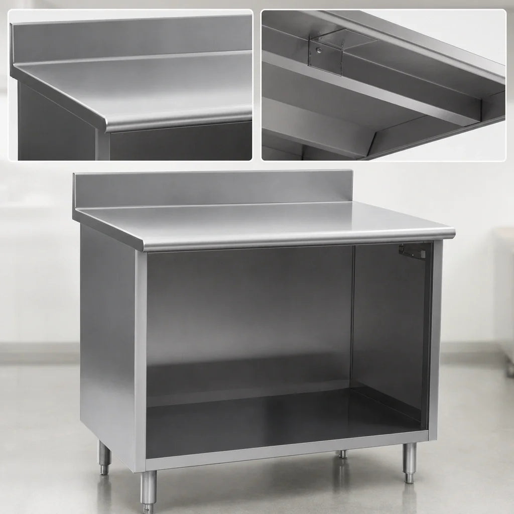 Eagle Group Spec-Master OB3072SE-BS Open-Front Stainless Steel Cabinet Base Work Table, 72 x 30 in, 14-Gauge 304 Top, 4-1/2 in Backsplash
