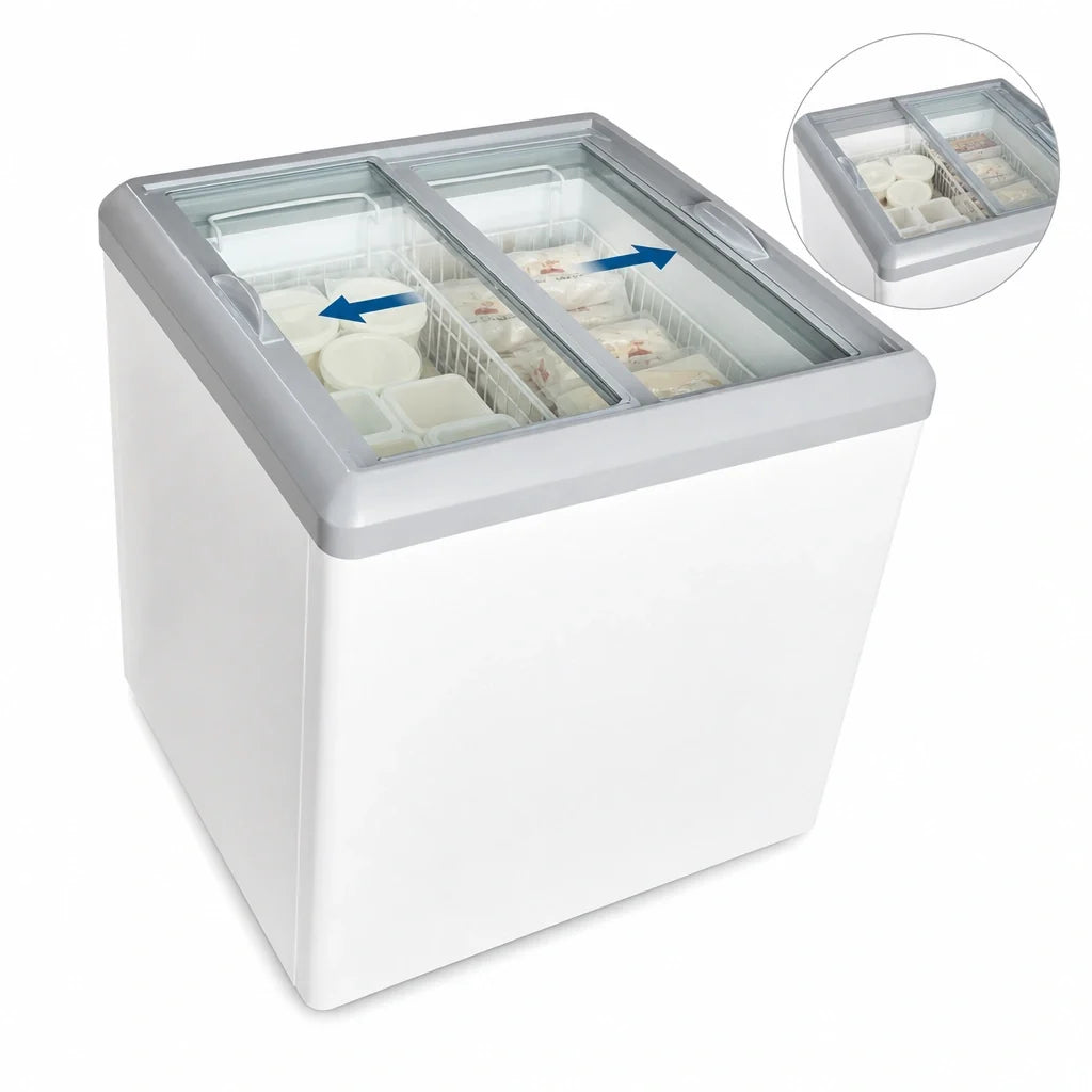 Excellence Commercial Products HB-7HCD Dual-Temperature Chest Refrigerator/Freezer, 7.4 Cu. Ft., 2 Sliding Glass Doors, White