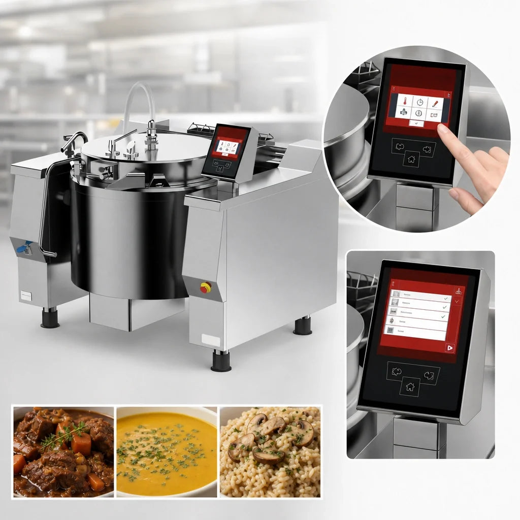Firex (Middleby) Cucimix UCBTE048AV1 48-Gallon Electric Tilting Pressure Braising Pan with Programmable Touchscreen and Automatic Mixer