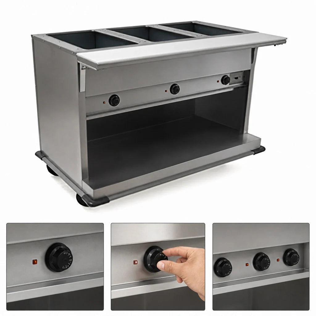 Eagle Group Spec-Master PHT3OB-120 3-Pan Mobile Electric Hot Food Table, Open Well, Wet/Dry, Stainless Steel