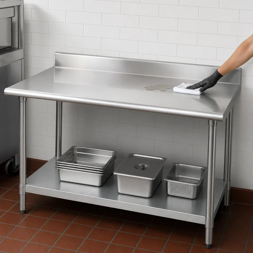 Eagle Group Spec-Master T36108E-BS 108 x 36 Inch Stainless Steel Work Table with 4-1/2 Inch Backsplash and Galvanized Undershelf