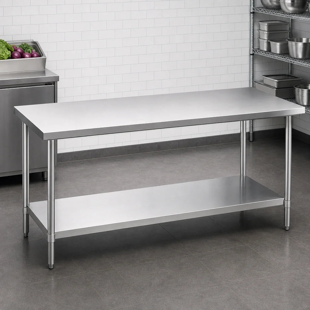Duke Manufacturing 316-24108 108-Inch x 24-Inch 16/300 Stainless Steel Work Table with Galvanized Undershelf, Flat Top