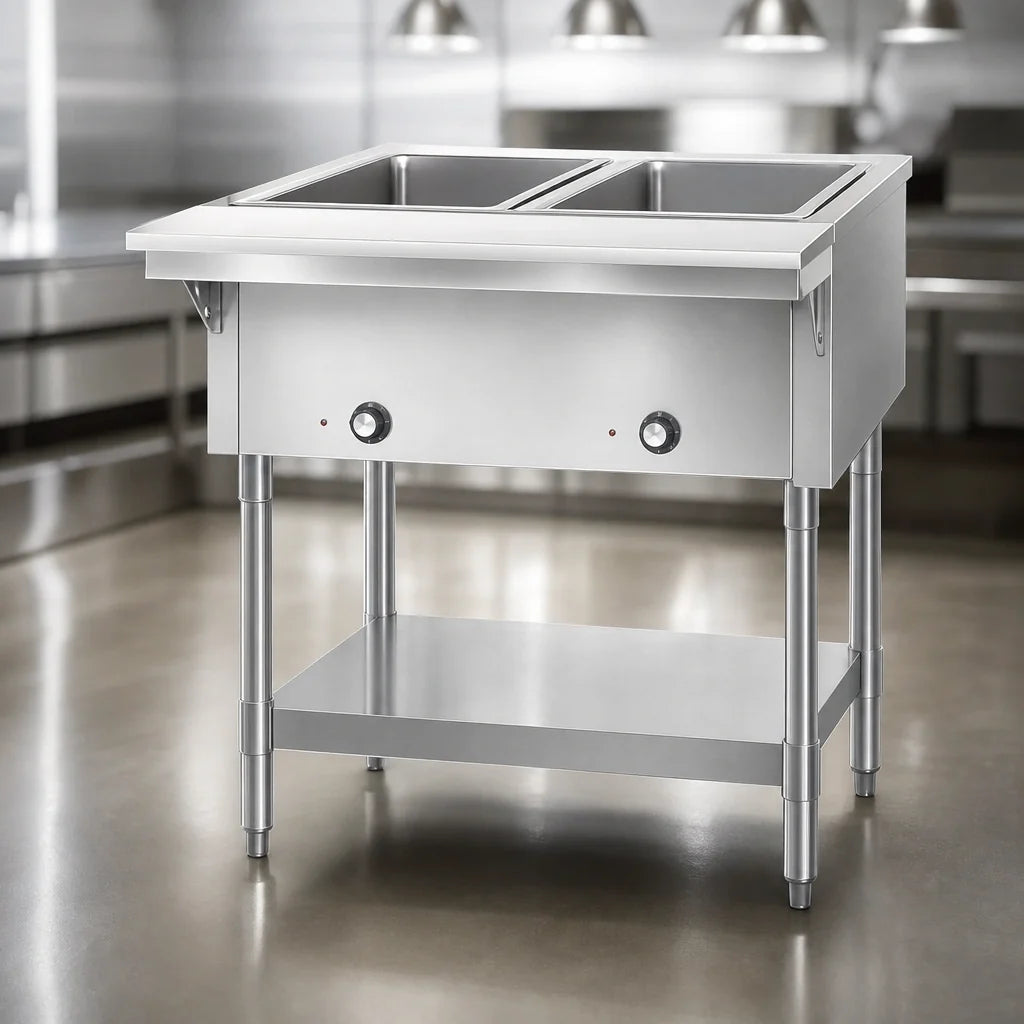 Eagle Group DHT2-208-3 33-Inch Electric Hot Food Table, Open Base, 2 Dry Wells, 208V 3-Phase, Stainless Steel, Cutting Board