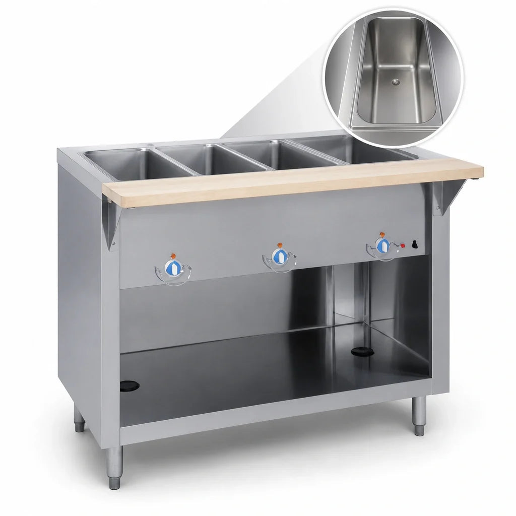 Duke Manufacturing Thurmaduke E-4-CBPG 60-Inch 4-Well Electric Steamtable with Sealed Wells and Open Storage Base