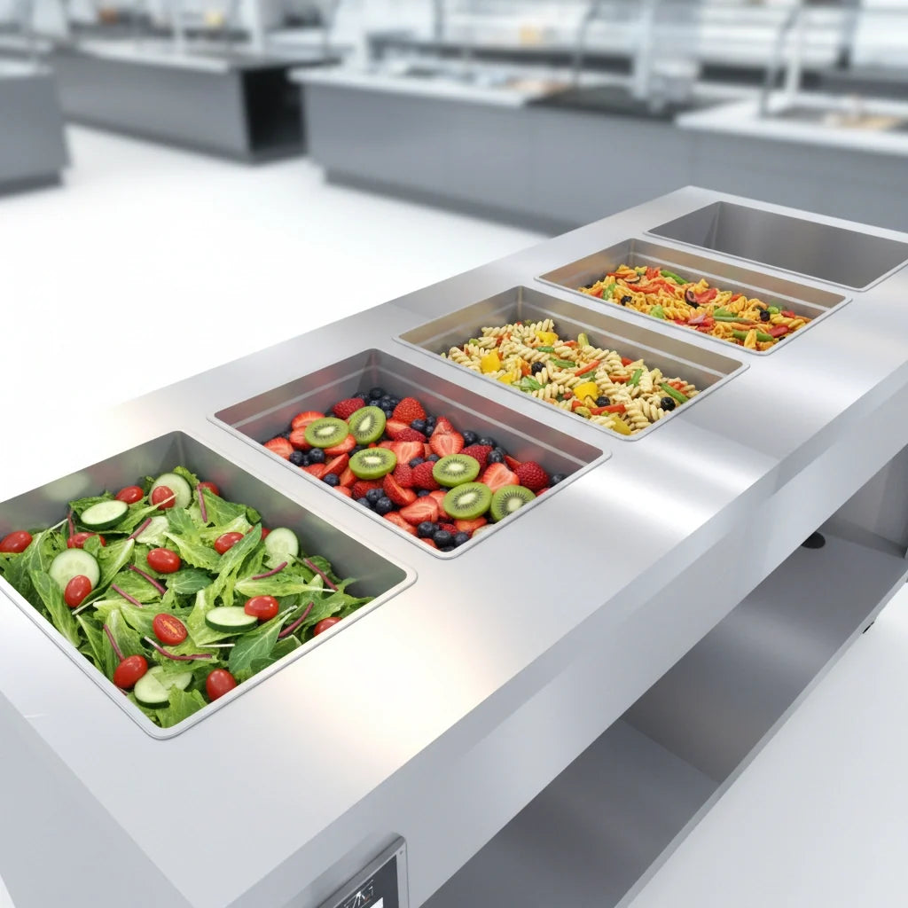Duke Manufacturing Thurmaduke TFCP-74SS-N7 74-Inch 5-Section Mobile Stainless Steel Refrigerated Cold Pan with Digital Touchscreen