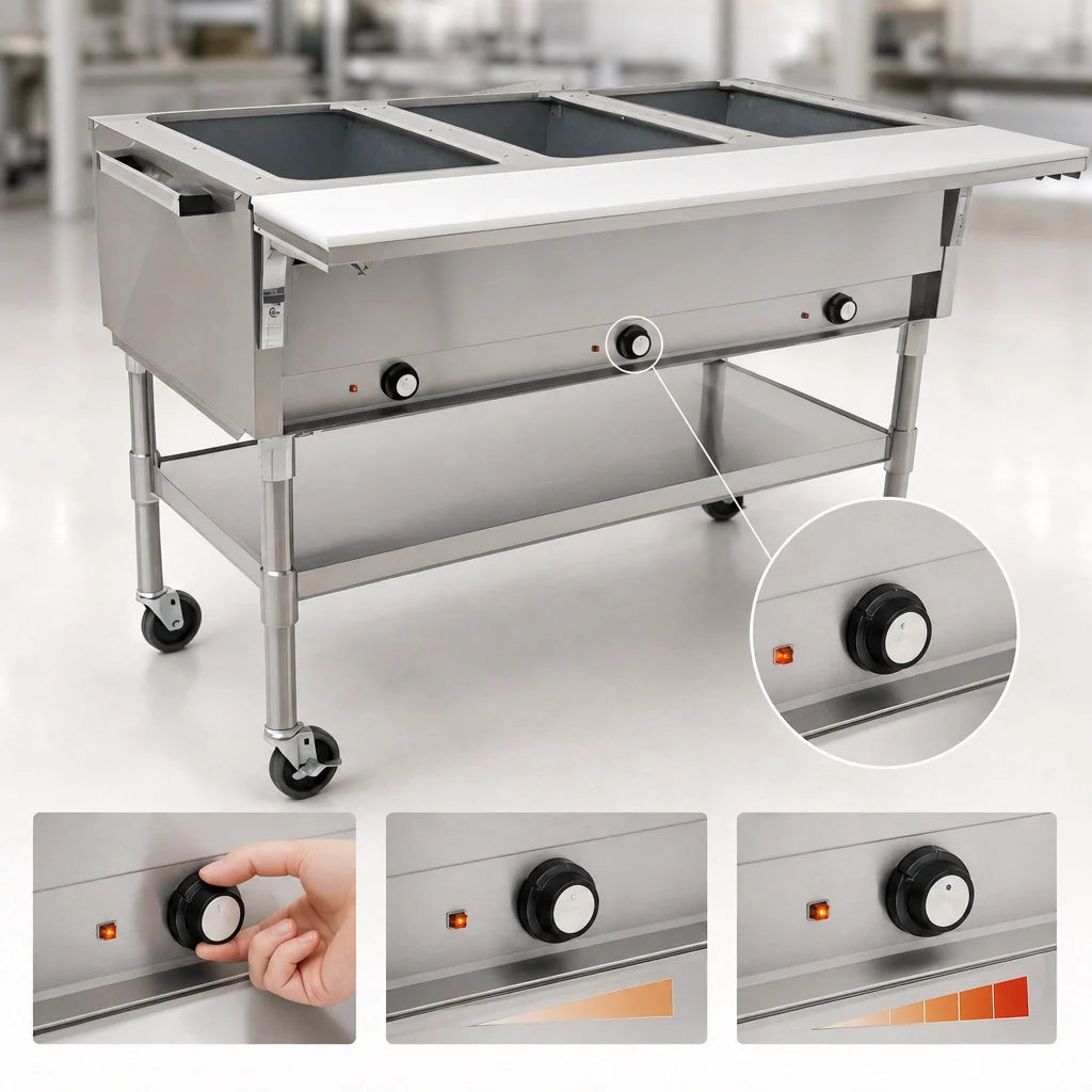Eagle Group SPDHT4-208-3 66-Inch Mobile Electric Hot Food Table, 4 Dry Wells, Open Shelf Base, 208V 3-Phase