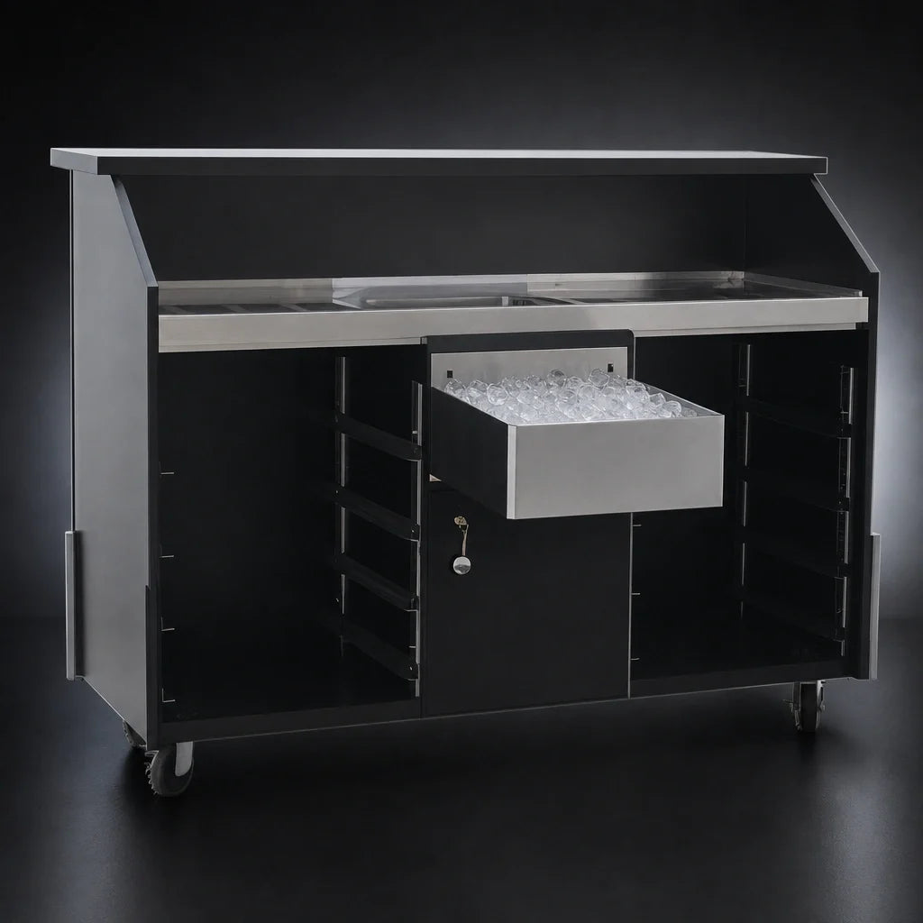 Eagle Group Deluxe DPB-5-W Indoor Portable Bar, 63W x 24-3/8D x 48H, White Melamine/Black Formica, Stainless Work Surface, Ice Bin, Speed Rail