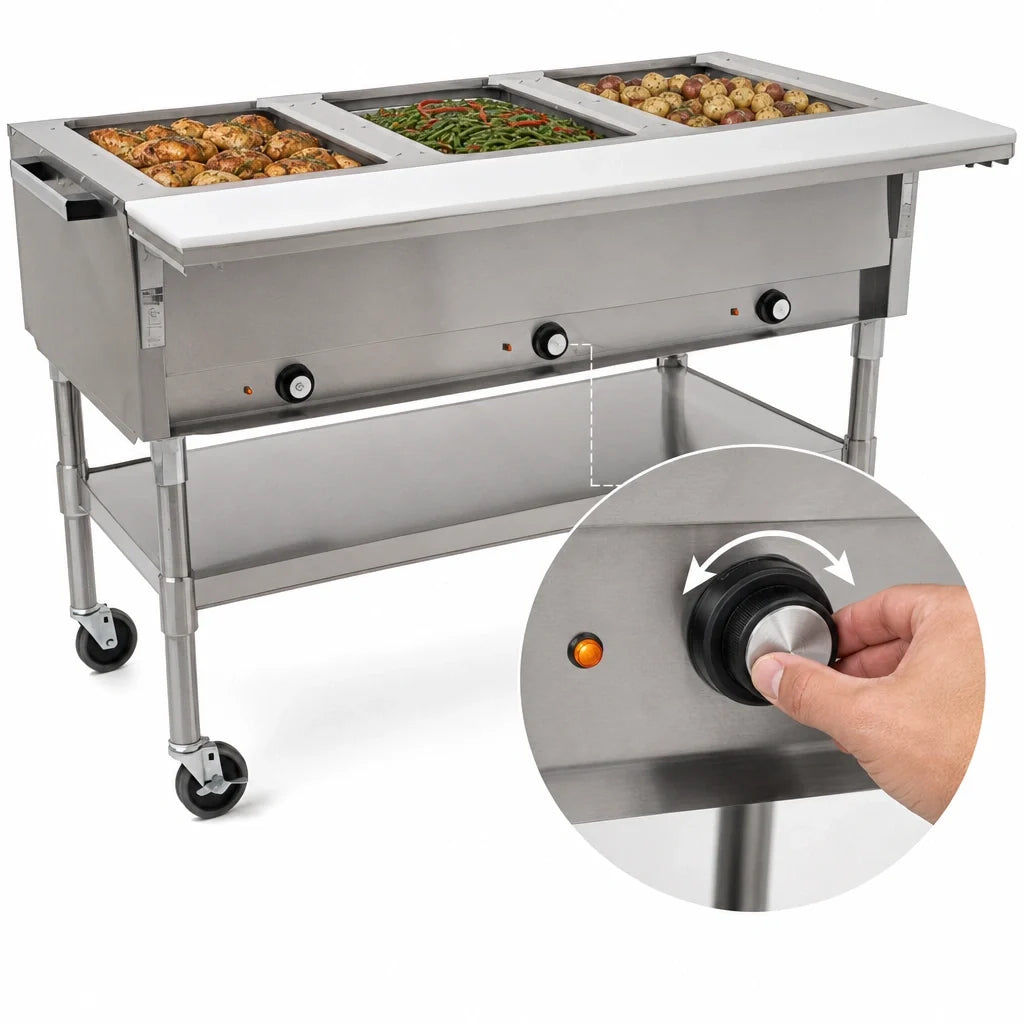 Eagle Group SPDHT3-208 Portable Electric Hot Food Table, 51-Inch, 3 Dry Wells, Open Base, Cutting Board, 208V