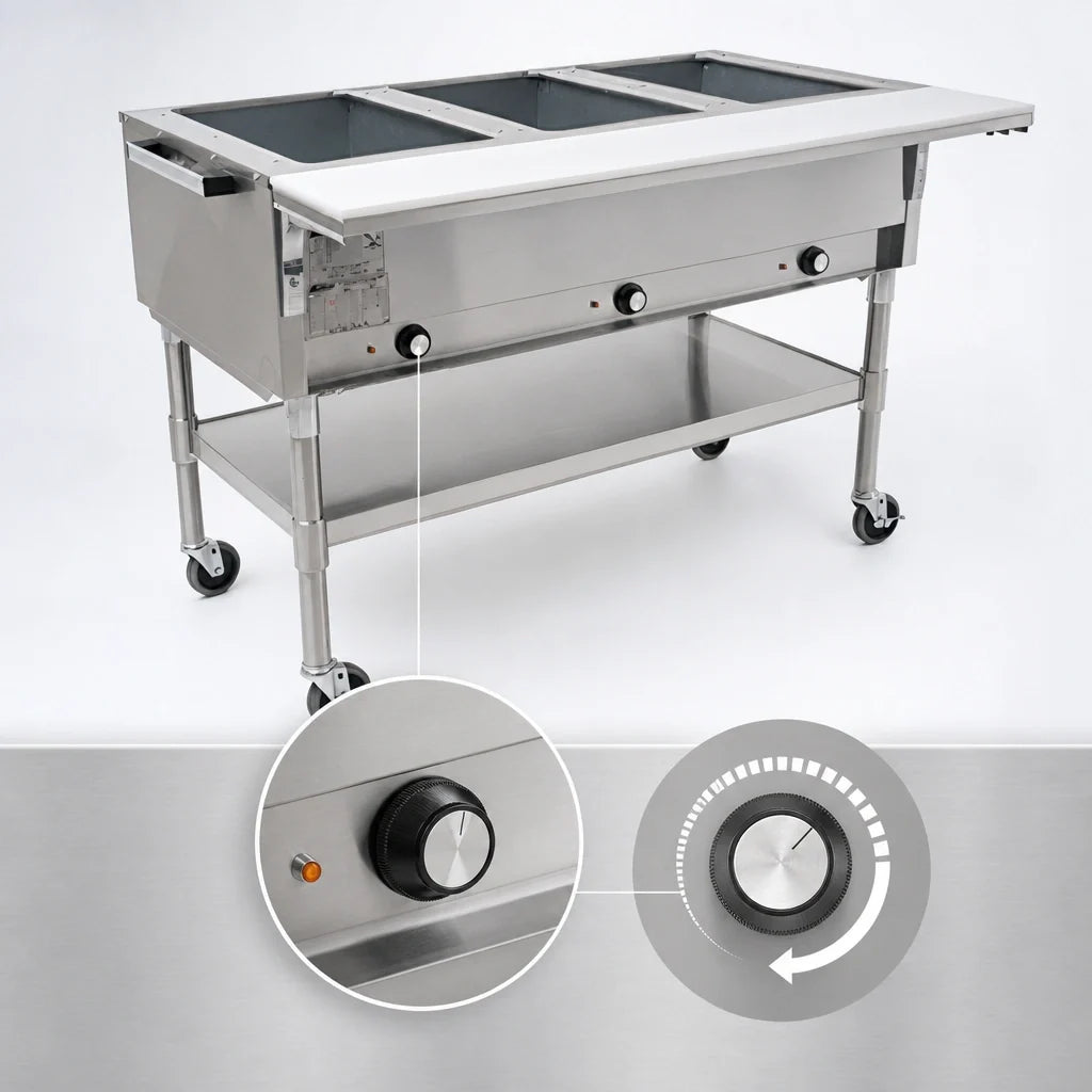 Eagle Group SPDHT2-120 36-Inch Mobile Electric Hot Food Table, 2 Dry Wells, Open Base, Stainless Steel, 8-Inch Cutting Board