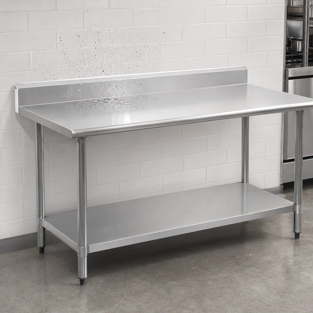 Eagle Group Spec-Master T24144E-BS 144-Inch Stainless Steel Work Table with 4-1/2-Inch Backsplash and Adjustable Galvanized Undershelf