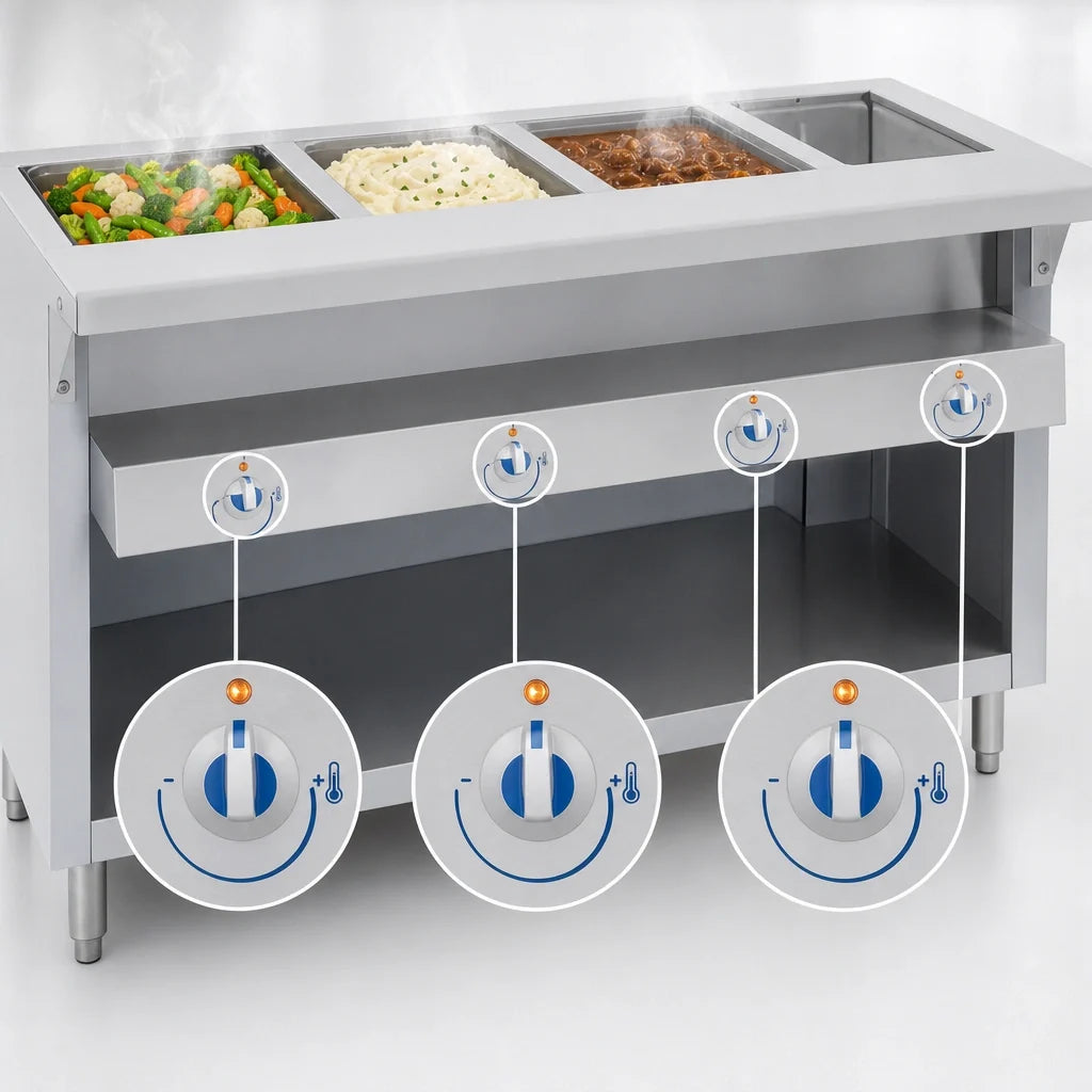 Duke Manufacturing Thurmaduke E-3-DLSS Electric 3-Well Steamtable, Sealed Wells, Stainless Steel, Open Undershelf, Cutting Board