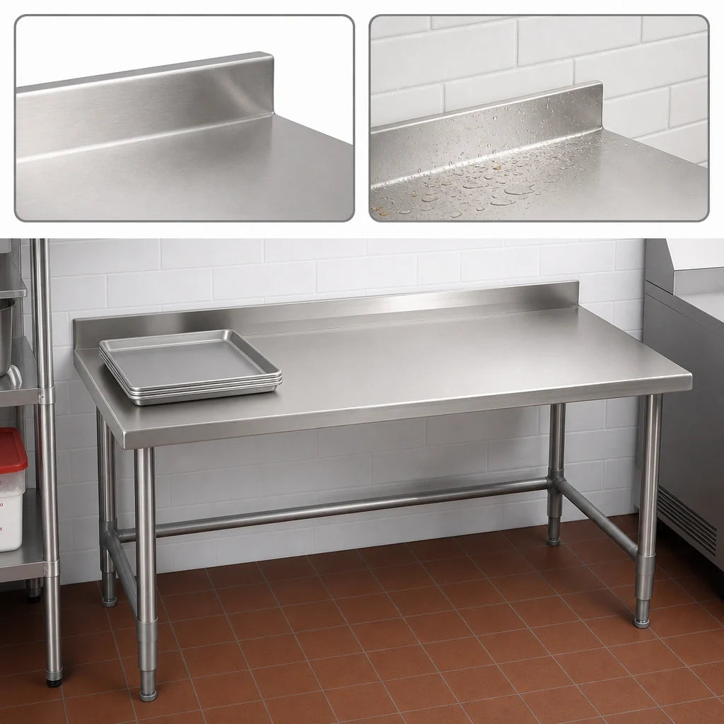 Eagle Group Spec-Master UT36108GTE 108 x 36 Stainless Steel Work Table, 14-Gauge 300 Series Top, 1-1/2" Rear Upturn, Galvanized Base