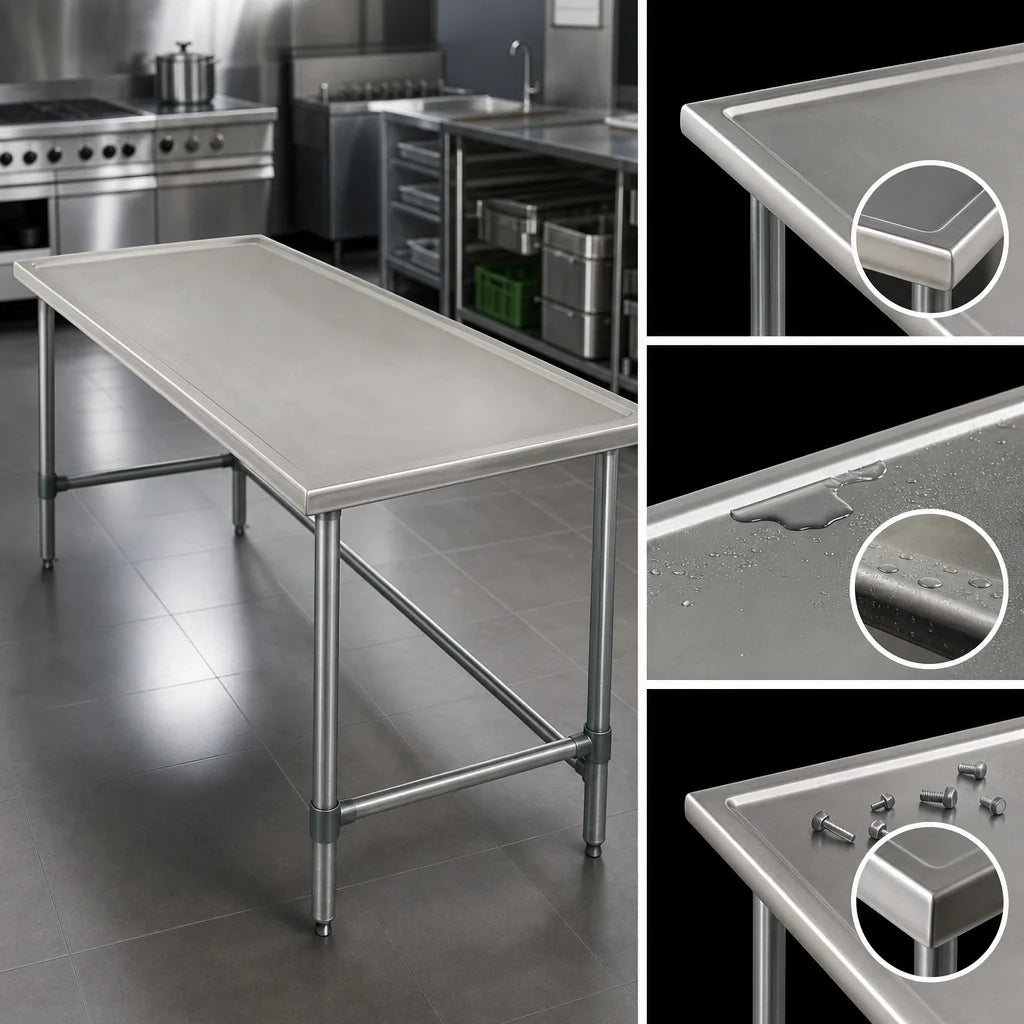 Eagle Group Spec-Master T48144GTEM 144"W x 48"D Stainless Steel Work Table, 14 Gauge, Box Marine Edge, Galvanized Open Base