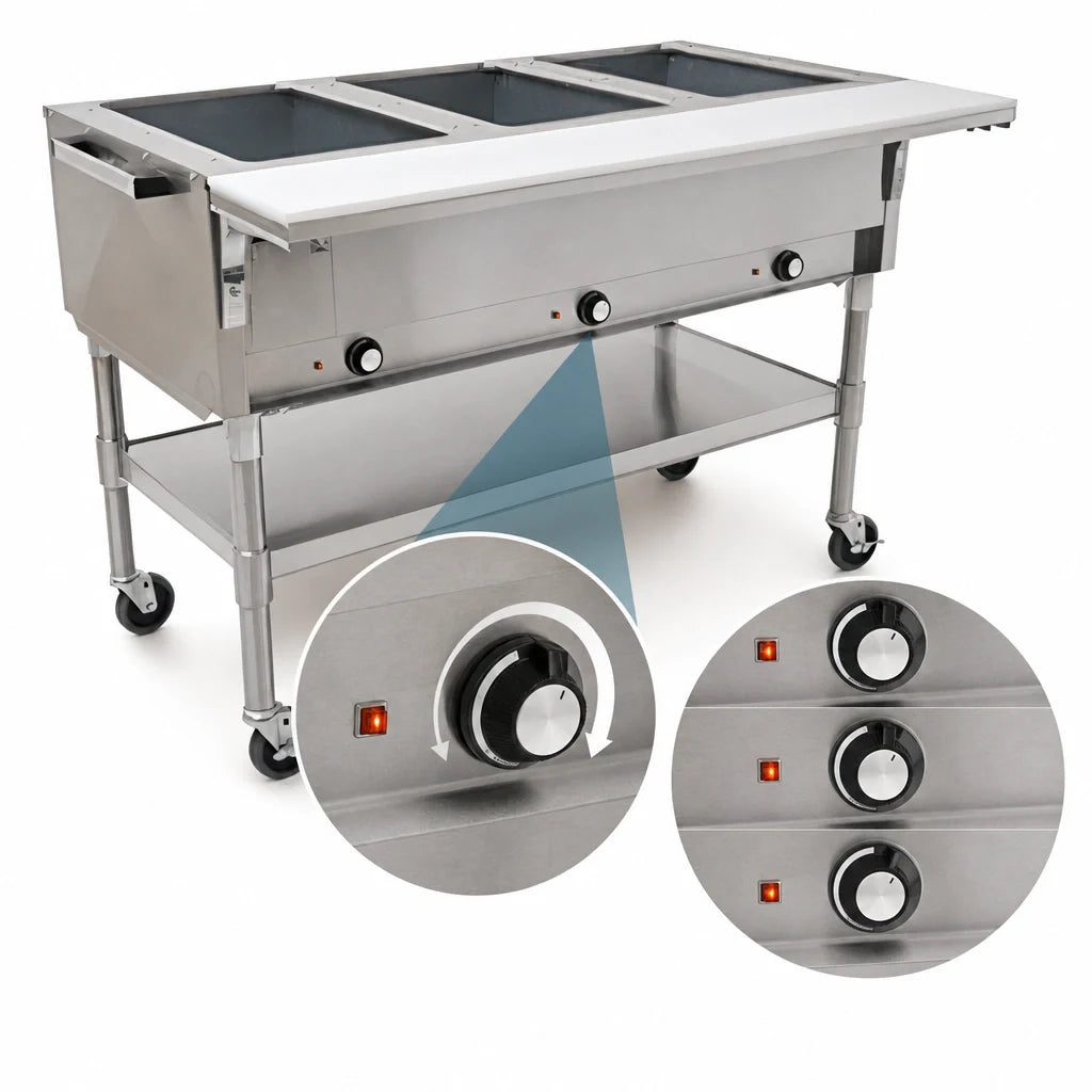 Eagle Group SPDHT4-240 66-Inch Mobile Electric Hot Food Table, 4 Dry Wells, Cutting Board, Open Shelf Base, 240V