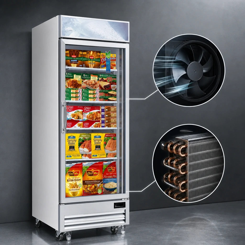 Everest Refrigeration EMGF23 23 Cu. Ft. 1-Section Glass Door Merchandiser Freezer, Bottom-Mounted Refrigeration, Locking Door
