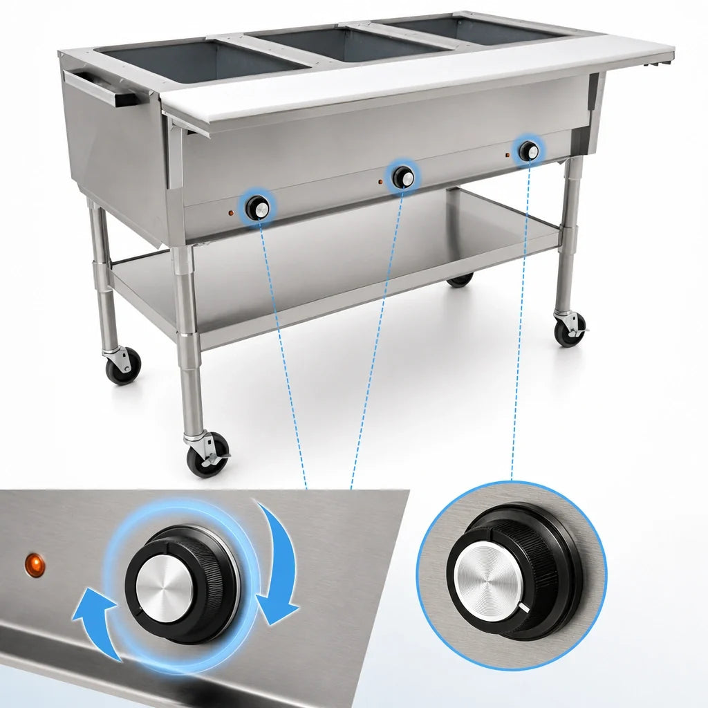 Eagle Group SPDHT3-208-3 Mobile Electric Hot Food Table, 3 Dry Wells, Open Base, Cutting Board, 208V