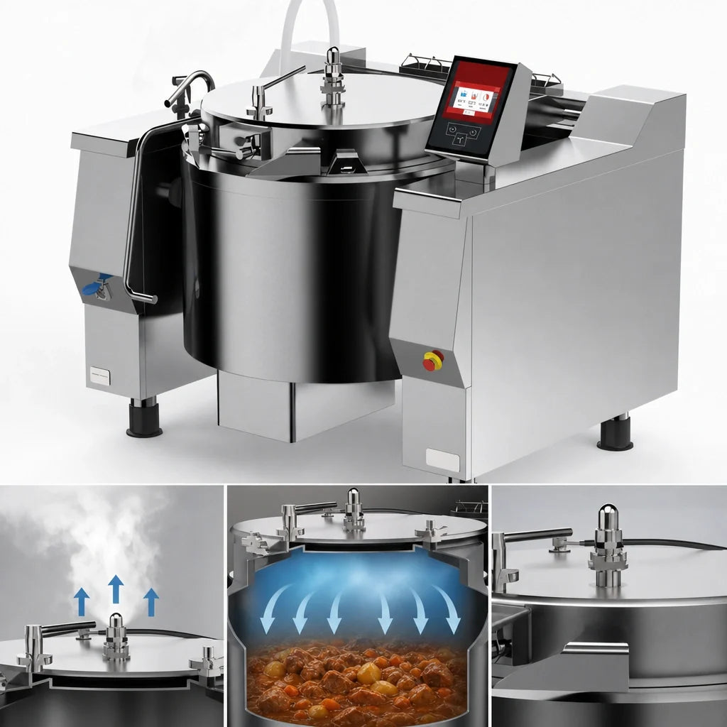 Firex (Middleby) Cucimix UCBTE048ACV1 Electric Pressure Tilting Skillet, 48-Gallon, Programmable Touchscreen, Automatic Mixer