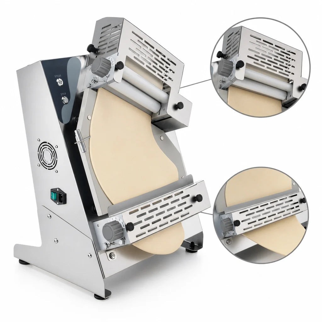 Eurodib USA PROLL3202PLUS Countertop Dough Sheeter/Roller with Top and Bottom Rollers, 304 Stainless Steel, 7 Thickness Settings