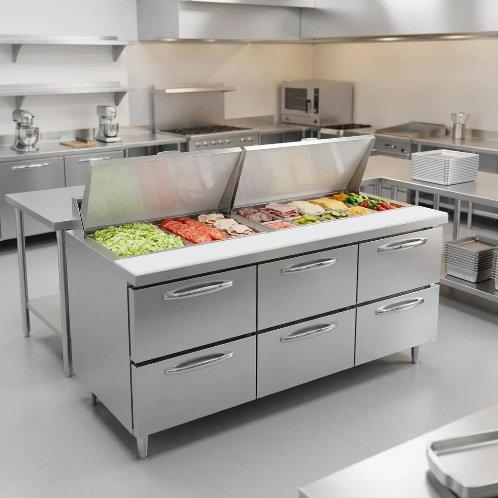Continental Refrigerator Designer Line D72N27M-D 72" Three-Section Refrigerated Sandwich Prep Table, 6 Drawers, 27-Pan Capacity