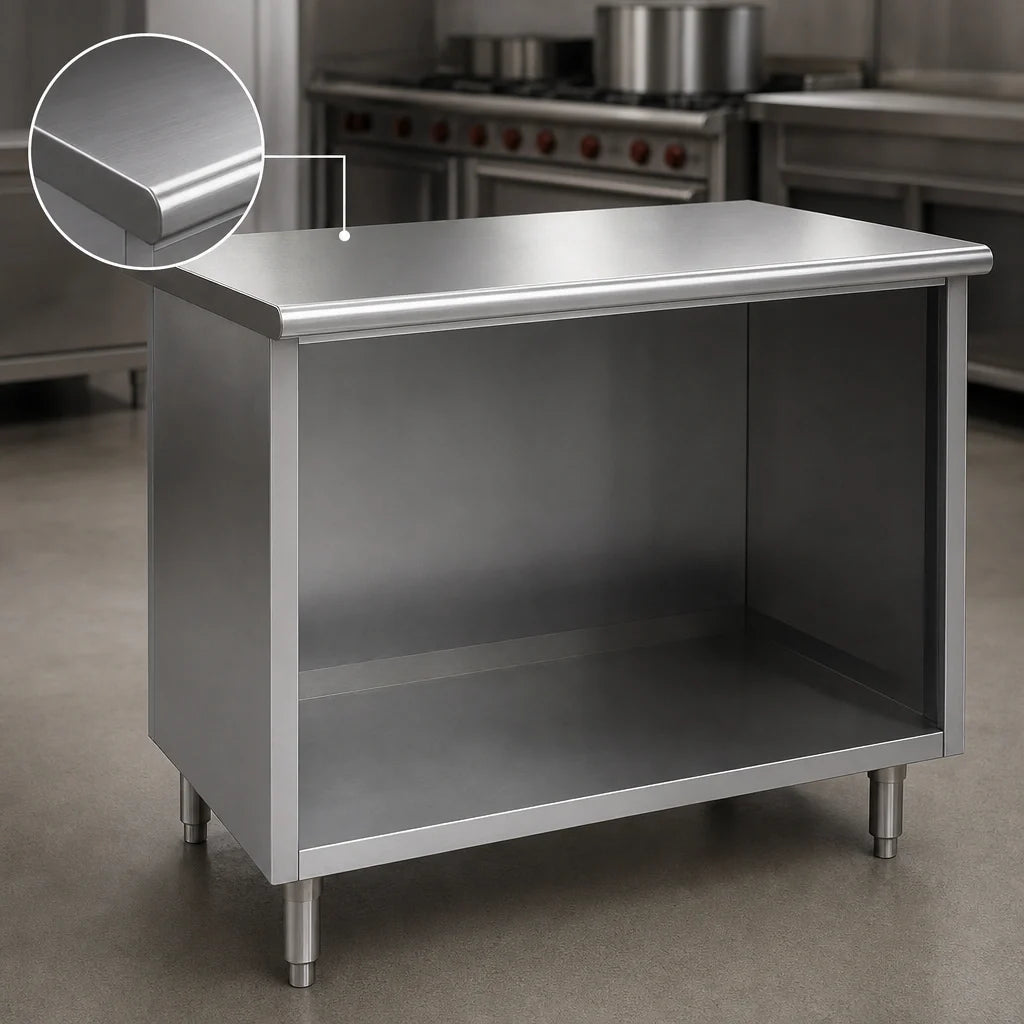 Eagle Group Spec-Master OB2460SE Open-Front Stainless Steel Cabinet Base Work Table, 60"W x 24"D, Flat 14-Gauge Top, Rolled Edges