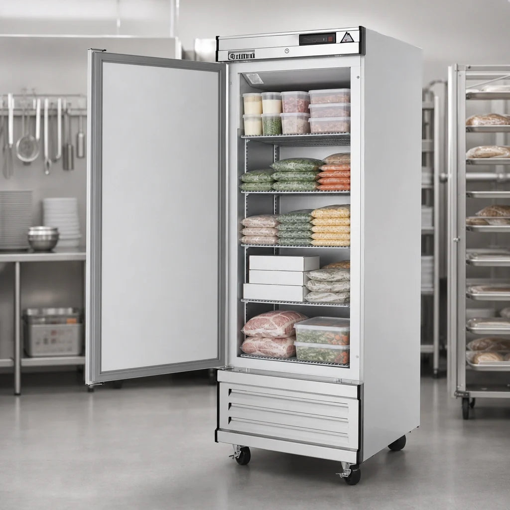 Everest Refrigeration EBF1 One-Section Reach-In Freezer, 21 Cu. Ft., Bottom-Mounted Self-Contained, Solid Hinged Door, Stainless Steel