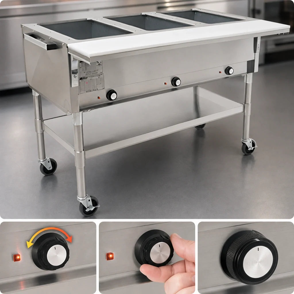 Eagle Group SPDHT4-208 Portable Electric Hot Food Table, 4 Dry Wells, Cutting Board, Open Shelf Base, 66 Inch, 208V