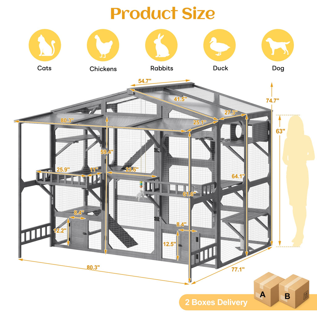 Large Outdoor Catio for Cats with Climbing Platforms - Pine