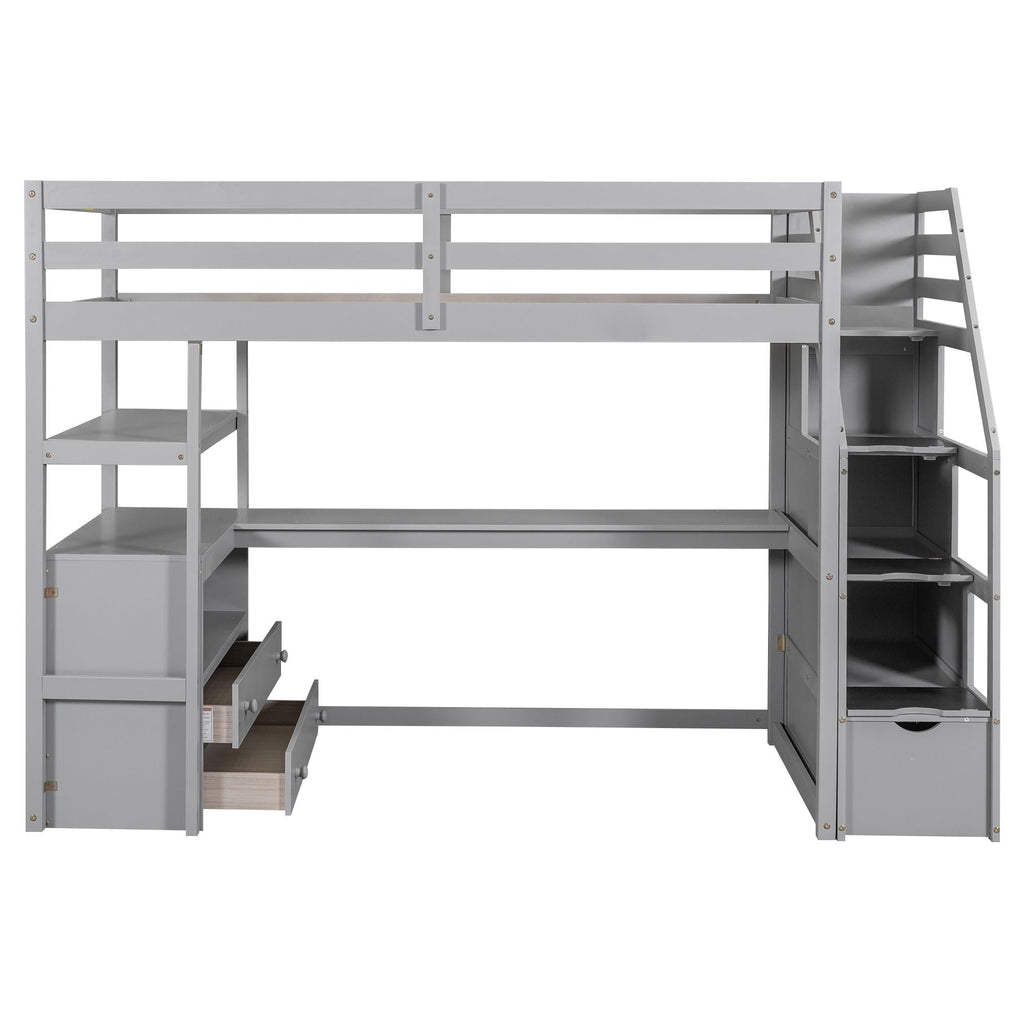 Loft Bed with Desk and Storage Staircase - Full or Twin, White or Gray