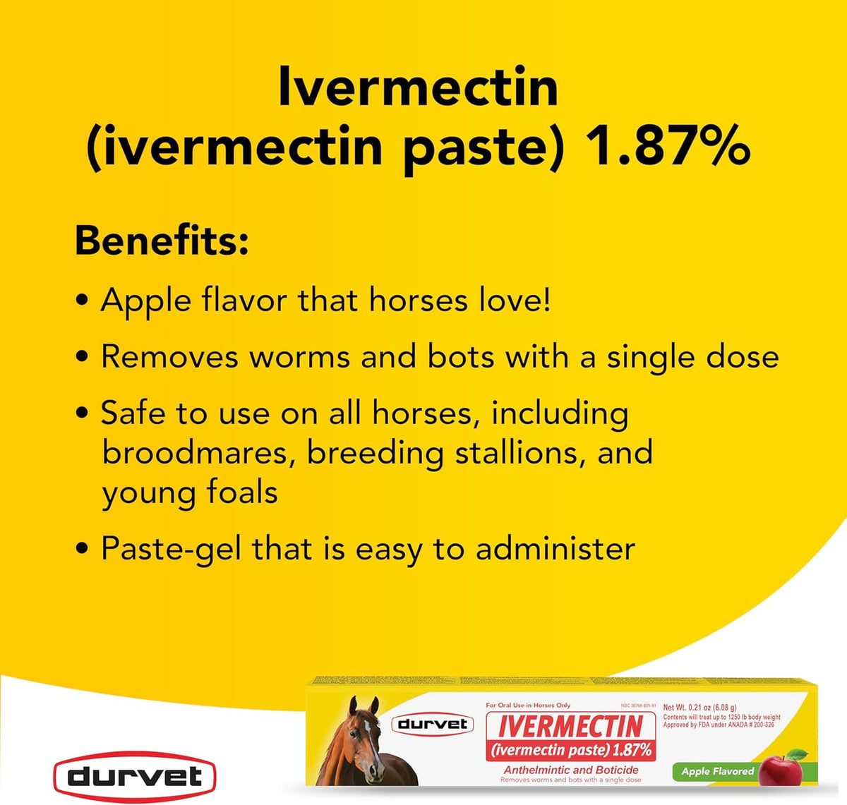Durvet Ivermectin Horse Wormer Apple Flavor Broad Spectrum Equine Dewormer 24PCK