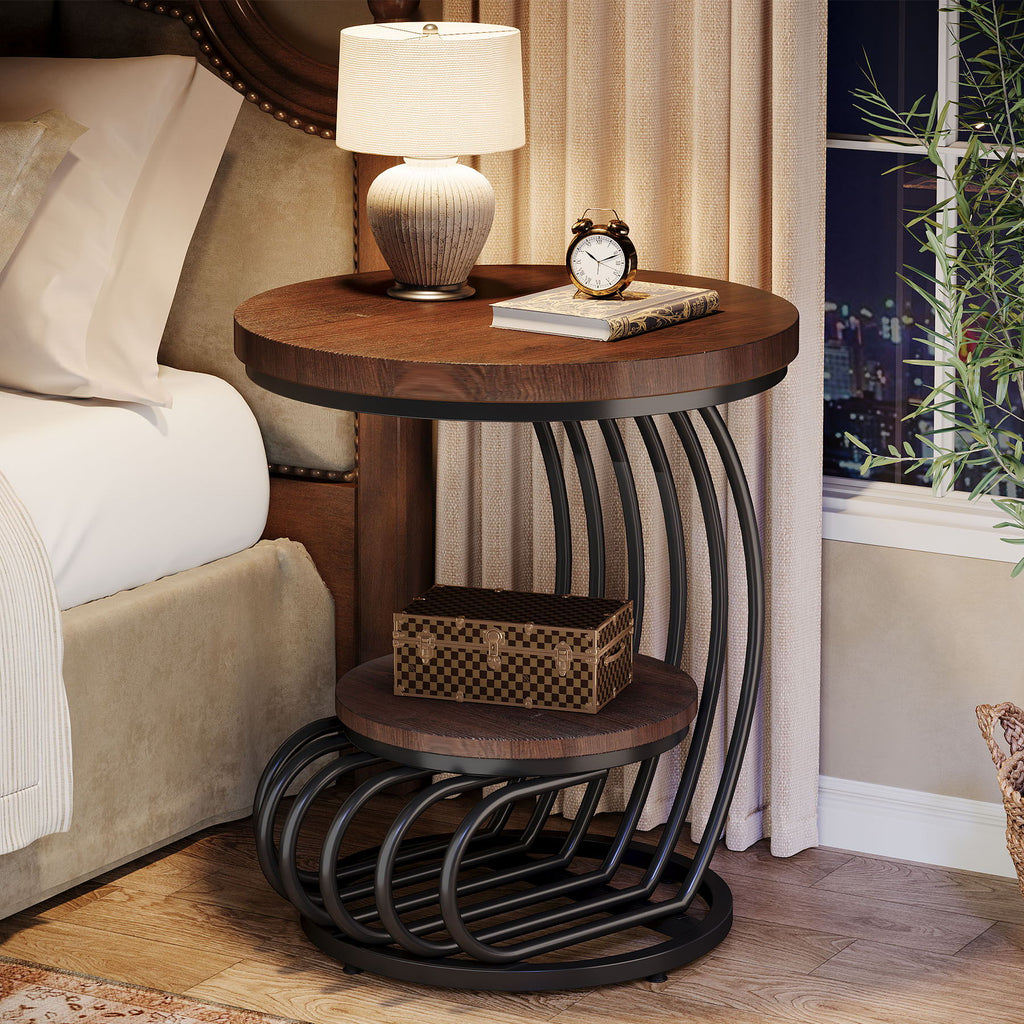Round Vintage End Table with 2 Tier Storage - Dark Brown, Light Brown, White