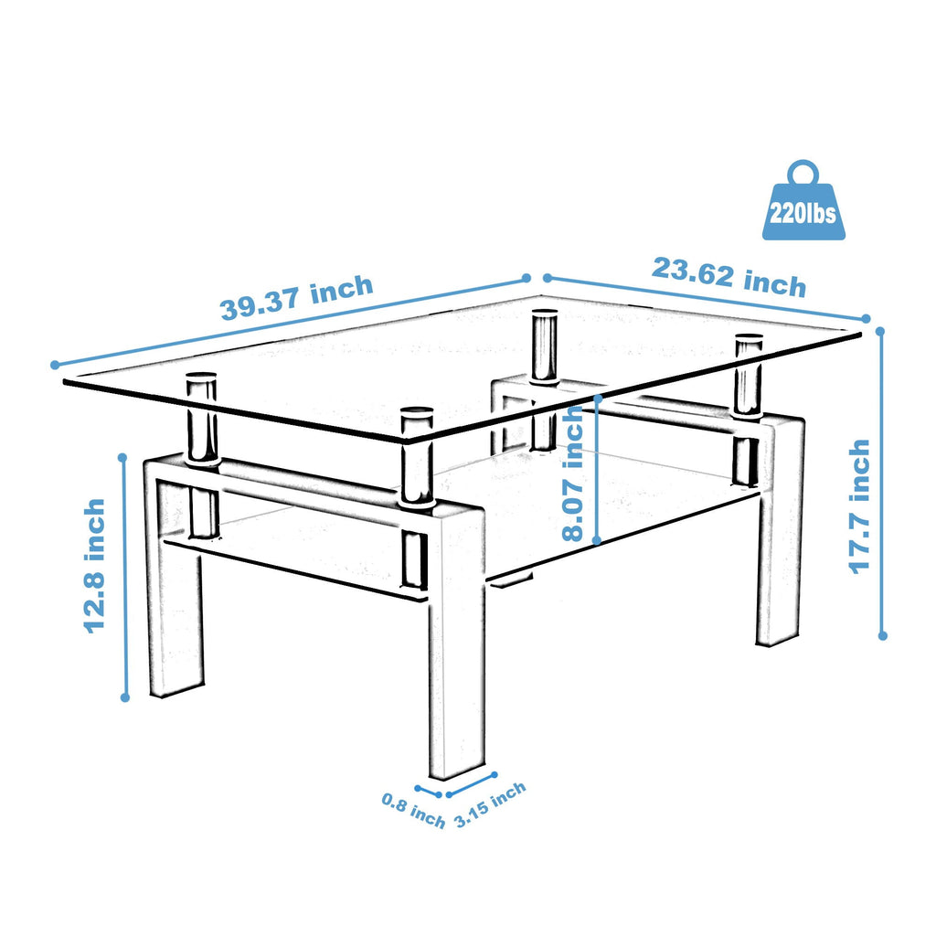 Modern Rectangular Coffee Table with Tempered Glass Top - White or Dark Brown