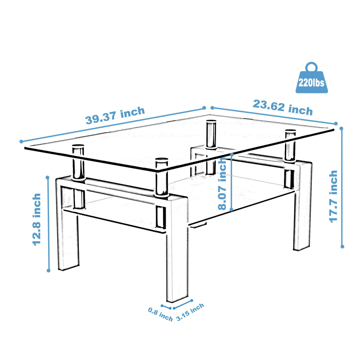 Modern Rectangular Coffee Table with Tempered Glass Top - White or Dark Brown
